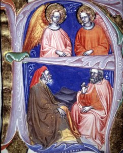 Lettrine Representing Angels and Philosophers Who Discuss - in 
