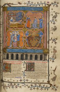 Life of Julius Caesar: Four Miniatures Showing His Birth, Divorce, Pontificate and Fight with Pompey; Text with Decorated Initials and Border with Birds and Grotesques