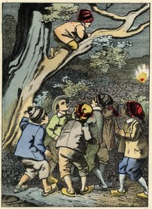 Little Poucet climbs on a tree and looks for his way. He