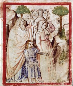 Loth goes to the mountain with his daughters to escape the destruction of Sodom. The daughters will intoxicate their father Miniature from codex 212 (or padovano codice or Bible of Padua)