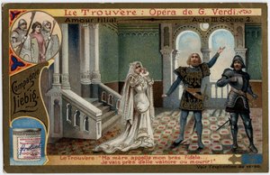 Love filial act III scene 2. Illustration for the opera The Found (Il trovatore) by Giuseppe Verdi (1813-1901). Chromolithography Liebig from the end of the 19th century.