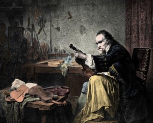 Luthier Stradivarius (Antonio Stradivari) in his workshop. Engraving by Hammann by Unknown artist