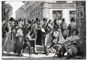 Madrid in 1873. Walkers at the corner of Seville Street and Alcala Street by Unknown artist