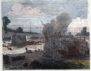 Manufacture of a brick in the 19th century: cooking. The bricks are laid in layers and then covered with earth before setting fire. Engraving late 19th century. by Unknown artist