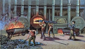 Manufacture of lighting gas, cornu delutor. Chromolithography of the end of the 19th century