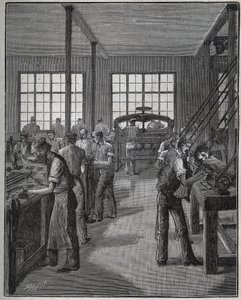 Manufacture of pen holder and pencil holder. Engraving from 1885 in 