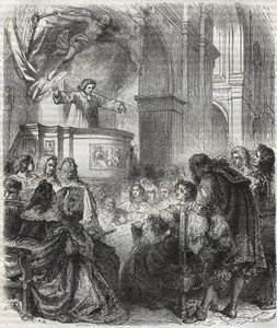 Marie de Rabutin-Chantal, Marquise of Sevigne known as Madame de Sevigne (1626-1696), listening to Louis Bourdaloue (1632-1704) French at the church of Jesuits, Saint-Louis in Paris - engraving of 1866