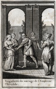 Marriage of the Byzantine Emperor Theophile (813-842): having united the most beautiful women in the kingdom to find a wife, he chose Theodora and offered her a golden apple. Engraving in 