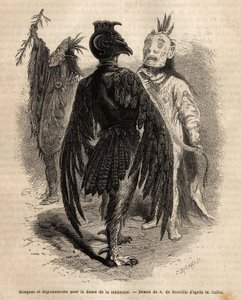 Masks and disguises for the dance of medicine among the Naya Indians. Engraving to illustrate an excursion among the Indian tribes of the basins of Colombia and Upper Missouri, by G. Catlin, in 1855, published in 