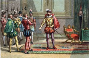 Massacre of Saint Barthelemy, the Duke of Conde and Henry of Navarre were brought to Charles IX, King of France (1550-1574), who offered them the choice between mass and death. Catherine de Medicis (Caterina de Medici) (1519-1589) observes the scene. Chrom by Unknown artist