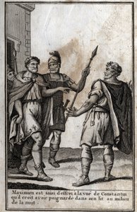 Maximian Hercules (Marcus Aurelius Valerius Maximianus) (circa 250-310), Roman emperor, is seized with fear at the sight of Constantine (Constantine I, Flavius Valerius Aurelius Constantinus, 272-306), his son-in-law, whom he thinks he stabbed in his bed