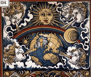 Meteorological allegory (sun with earth, winds, rainbow) - calendar illustration