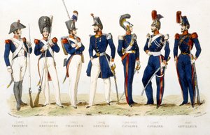 Military uniform: hunter (1815), grenadier (1815 - 1830), hunter (1830), officer (1848), horseman (1815 - 1830), rider (1848), gunner (1848) - in “Fasttes de Gardes nationales de France” by Unknown artist
