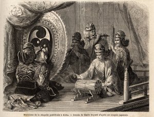 Musicians of the pontifical chapel in Kyoto (or Kioto), playing five sacred instruments, flute traversiere and flute of pan, marine conch, timpani and kakdaiko, the original gong. Engraving to illustrate the voyage to Japan in 1863-1864, by Aime Humbert by Unknown artist