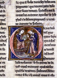 Nascion receives the book. Manuscript: Conquest of the Saint Gréal, written 717 years after the passion of our lord. Bibliotheque municipale de Rennes, ms. 255 (Collection of novels of the Round Table); Paris by Unknown artist