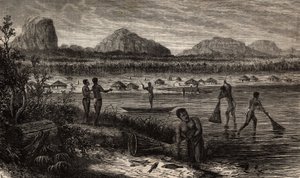 Near the cataracts of the Rovuma (Mozambique), the fishing activities. Engraving to illustrate Dr. Livingstone