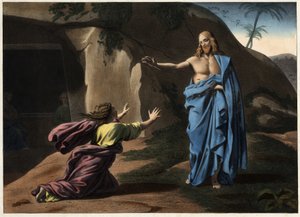 Noli me tangere: the apparition of Christ to Saint Magdalene. Anonymous engraving of the 19th century by Unknown artist