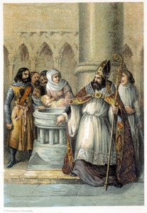 Notger (930 - 1008), bishop of Liege, during the baptism of Otto III (980-1002), King of Germany. Chromolithography of the 19th century