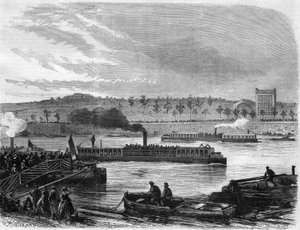 Omnibus steam boats from Paris, France. Engraving in 