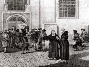 On 31/10/1517, Luther posted on the gates of Wittenberg Castle his 95 theses denouncing the sale of indulgences and which marked the beginning of the Reformation - engraving by Unknown artist