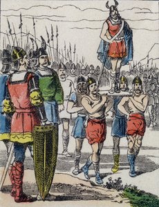 On the death of Childeric I, his son Clovis was elected king by the Salians Francs who carried him on the bulwark while touring the camp by Unknown artist