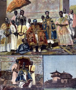 On top is the Empress Taitou of Ethiopia, wife of Menelik II and his sequel. Lower left is his daughter, the future Queen Zaouditou (1876 - 1930). On the right, the Imperial Palace Ghebi in Addis Ababa. Illustration for the late 19th century press by Unknown artist