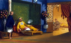 Opium fumery in China, engraving around 1830