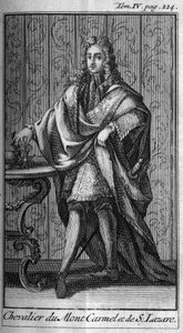 Orders of Chivalry. Knight of Mount Carmel and Saint Lazarus in France in the 17th century. In “History of military orders or knights, of the seculiere and regular militias of both sex, which have been established until now. Edition taken from Abbe Giust by Unknown artist