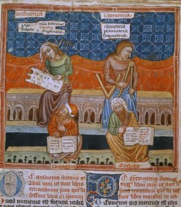 Page of a manuscript representing the allegories of Arithmetic and geometry by Unknown artist