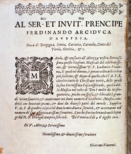 Page of dedication to Ferdinand of Austria in musical score of Sinfonie musicali by Ludovico Viadana by Unknown artist