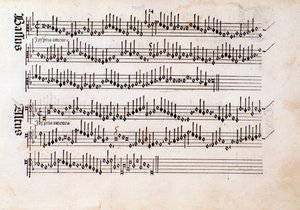 Page of musical score of Harmonice Musices Odhecaton by Ottaviano Petrucci (1501) by Unknown artist