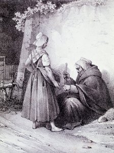 Palmistry: an old fortune teller reads the hand of a young girl by Unknown artist