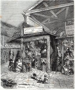 Paris 3rd arrondissement - Carre de la Foret-Noire: sale of leather and shoes in Le Carreau du Temple in the 19th century - Engraving in 