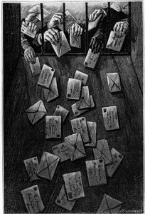 Parisians deposit their mail at the main post office on Rue de Louvre before the last morning. Engraving in the journal 
