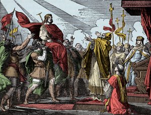 Pepin Proclaimed King of the Franks - Sacre of Pepin the Brief, Basilica of Saint Denis, 28 July 754: Pope Stephen II consecrated him King of the Franks and Patrice of the Romans by Unknown artist
