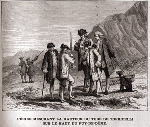 Perier measuring the height of the Barometer by Evangelista Torricelli on the top of the Puy-de-Dôme on September 20, 1618