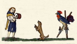 Pets Trained: A Dog and a Rooster Dance on Stills to the Rhythm of the Drum, Engraving from a 1344 Manuscript from the Bodleyan Library of Oxford by Unknown artist
