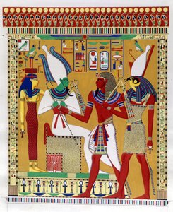 Pharaoh Merenptah 1st (or Mineptah, Merneptah) (1213-1204 BC) guided by Horus in the presence of Osiris and Athyr infernal. From the left: Athyr, Osiris, Merenptah I and Horus. (Biban-el-Moluk) - in 