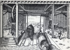 Plan incline for boats in the 16th century on the lagoons of the Brenta River in Northern Italy. Engraving in La Nature by Unknown artist