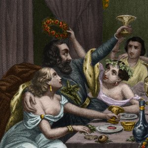 Pope Alexander VI (1431-1503) (Alessandro, Rodrigo Borgia) Rodrigue Borgia celebrates the marriage of his daughter Lucrece Borgia (Lucrezia) with 50 courtesans in the Vatican. Engraving from 1842 in Histoire des popes: crimes, murders, poisonings, parricid by Unknown artist