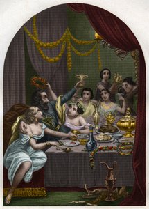 Pope Alexander VI (1431-1503) celebrates the marriage of his daughter Lucrece Borgia with 50 courtesans in the Vatican. Engraving from 1842 in 