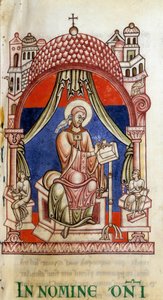 Pope St. Gregory I the Great (540-604) encircled by two secretaries. He is written representative with a dove on the shoulder, symbol of the Holy Spirit. Miniature of the letters of Saint Gregory by Unknown artist