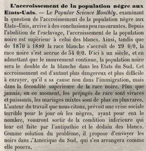 Population growth negates in the United States: racist commentary in the book according to an article in Popular Science Monthly. Concerned about the increase in the American black population and the high birth rate and wish to remedy it by expelling them. by Unknown artist