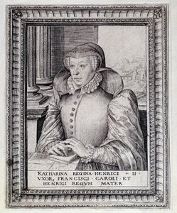 Portrait of Catherine de Medicis, Queen of France. Engraving of the 16th Century. Pau, Musee Du Chateau by Unknown artist