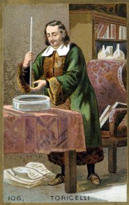 Portrait of Evangelista Torricelli or Toricelli (1608 - 1647), Italian physicist with his invention the Barometer (mercury tube). Chromolithography of the 19th century by Unknown artist