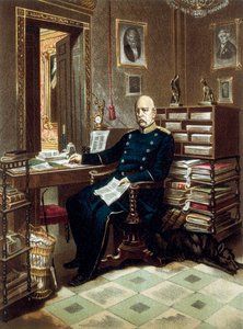 Portrait of Prince Otto von Bismarck, Chancellor and Prussian politician, in his office. Lithograph in colour by Unknown artist