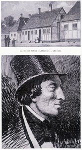 Portrait of the Danish writer Hans Andersen (1805 - 1875) and his house in Odense, Denmark, circa 1832