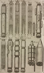 Pyrotechnic Rockets and Instruments, Engraving from Grand Art of Artillery by Casimir Siemienowicz