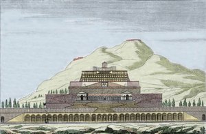 Reconstruction of the temple of Fortuna in Palestrina, Italy. Engraving of the 19th century.