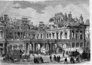 Reconstruction works of the Royal Palace (Palais-Royal) in Paris. Engraving in 